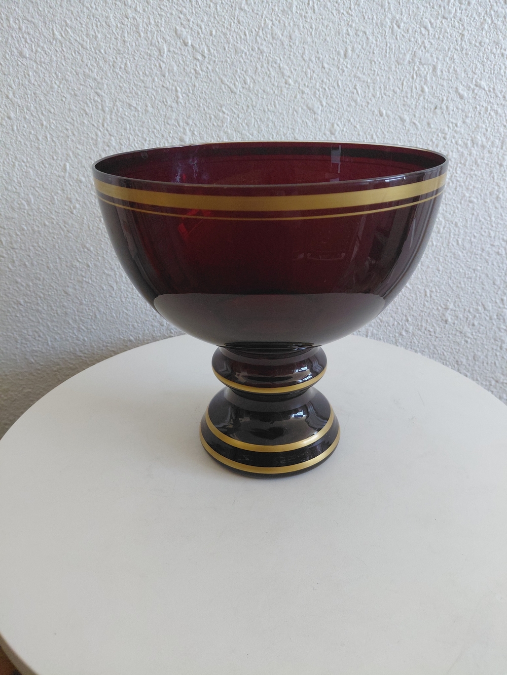 Vintage Ruby Red  Glass Big Pedestal Fruit Vase Compot Gold Tream